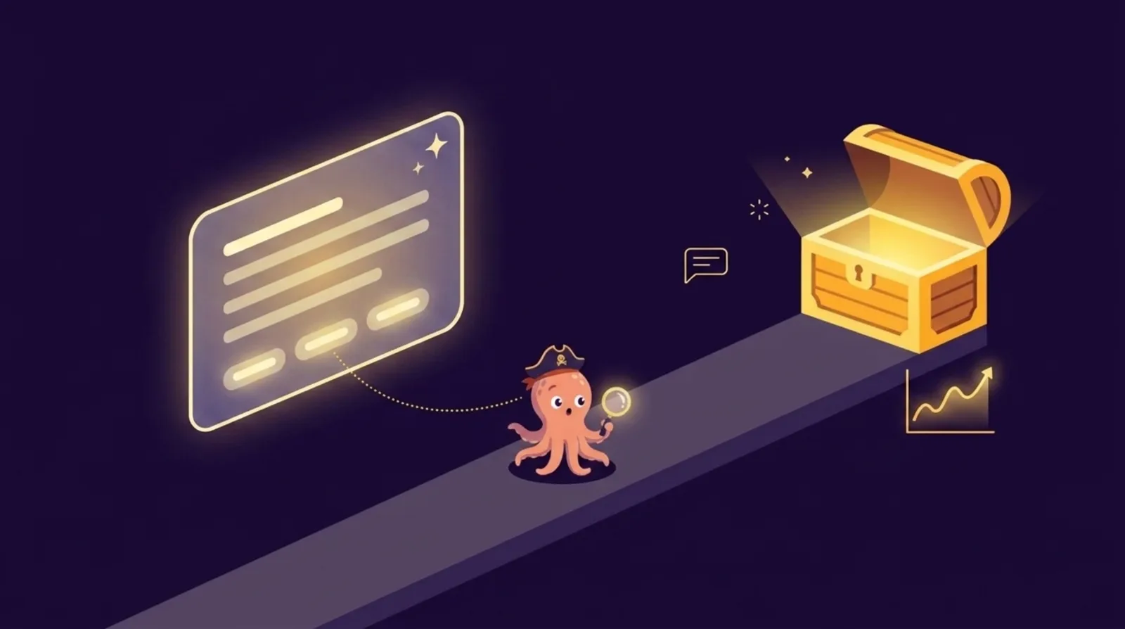 Illustration éditoriale d'un panneau de résultats de recherche IA citant des sources, superposé à une checklist de due diligence d'acquisition de business en ligne avec des graphiques de trafic organique