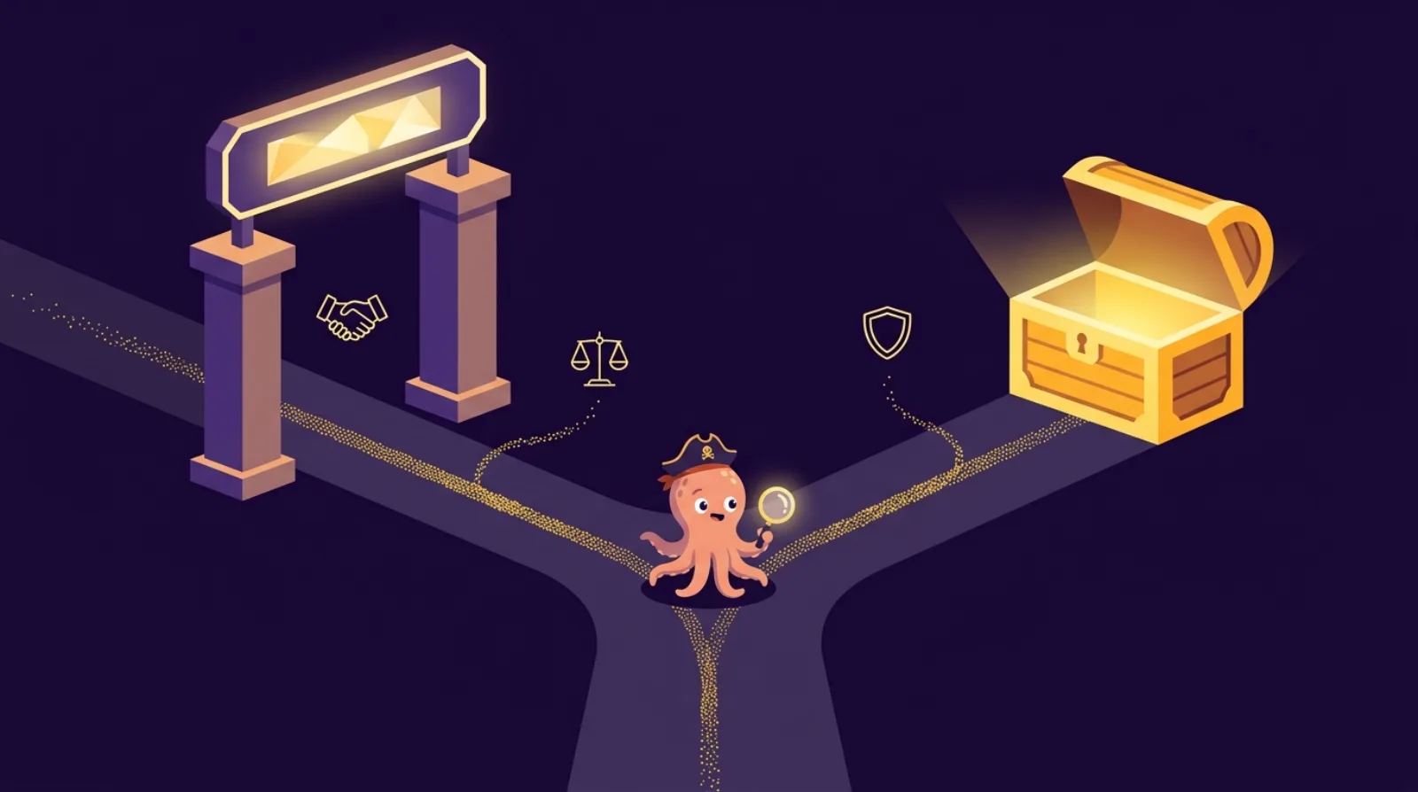 Illustration éditoriale de Flippy la pieuvre pirate à un carrefour — le chemin de gauche mène à une arche de marketplace, le chemin de droite va directement vers un coffre au trésor