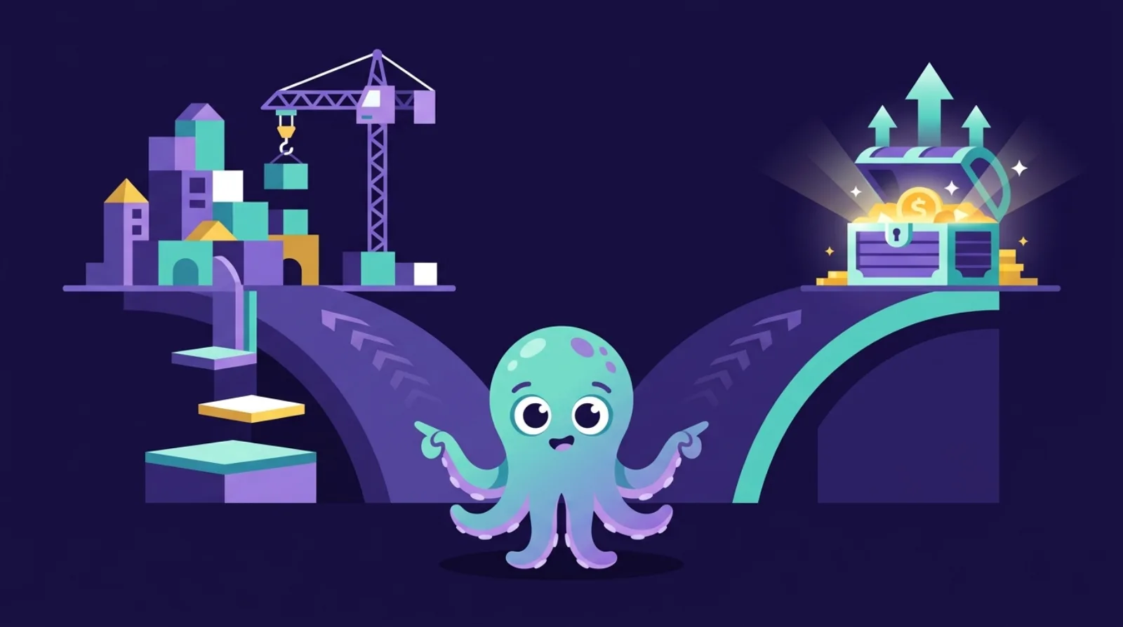 Illustration éditoriale de deux chemins — construction de blocs depuis zéro versus coffre au trésor établi — symbolisant la décision acheter vs construire un business en ligne