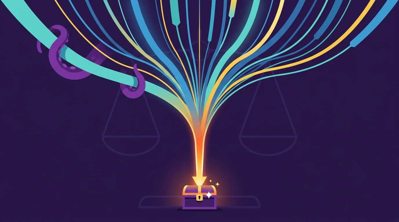 Flippy la pieuvre pirate de Flipagora examinant une carte au trésor où la plupart des flux de deals convergent vers un seul canal étroit, illustrant le risque de concentration dans les acquisitions de business en ligne