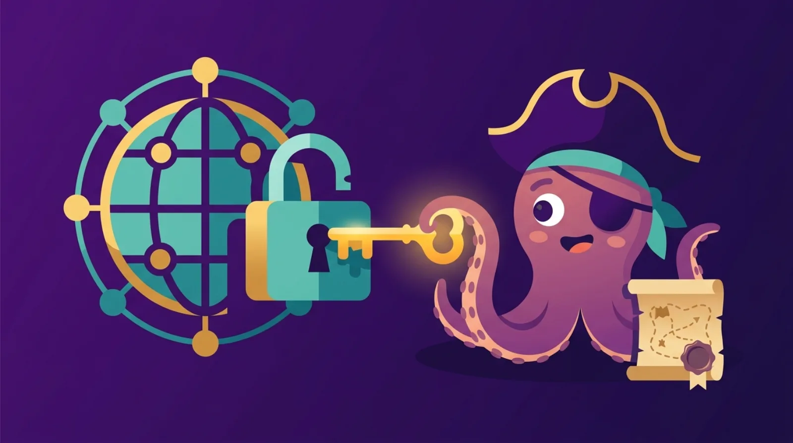 Illustration éditoriale d'une pieuvre déverrouillant un cadenas au-dessus d'un globe de domaine stylisé avec une clé dorée de transfert, due diligence de l'enregistrement de domaine