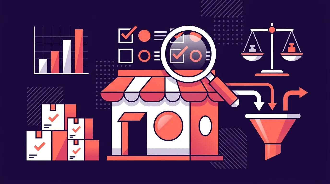 Illustration design plat violet avec icône de boutique, loupe et checklist représentant l'acquisition d'un business dropshipping