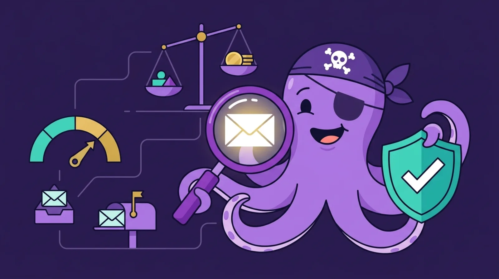 Illustration éditoriale d'un dashboard d'authentification email - signaux SPF, DKIM, DMARC et graphiques de délivrabilité - dans le style violet de Flipagora