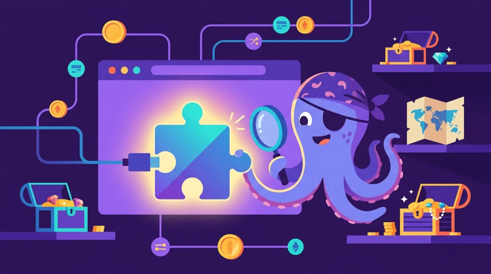 Flippy, la pieuvre pirate de Flipagora, examine une icône d'extension de navigateur lumineuse, coffres au trésor à proximité, fond violet foncé