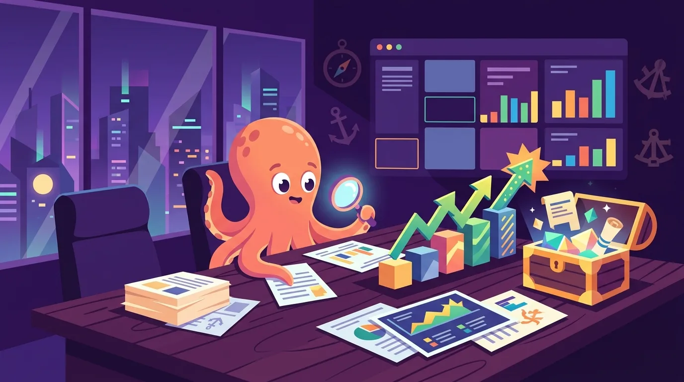 Illustration éditoriale plate sur fond violet foncé — Flippy la mascotte pieuvre examine les documents et graphiques de performance pour l'acquisition d'une agence digitale