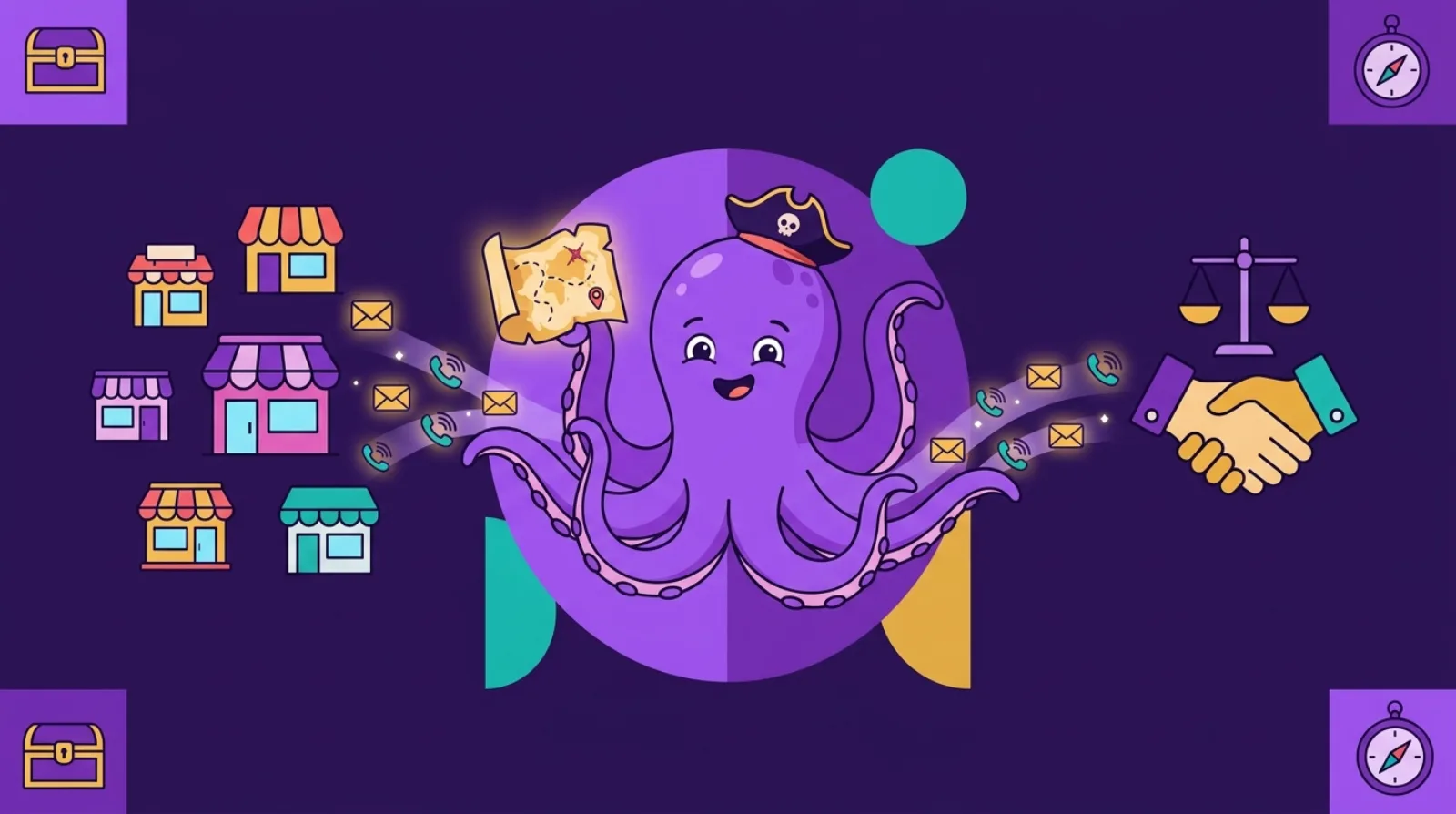 Illustration plate d'une mascotte pieuvre-pirate reliant une carte au trésor de vitrines locales à un flux de fiches de leads lumineuses, fond violet foncé