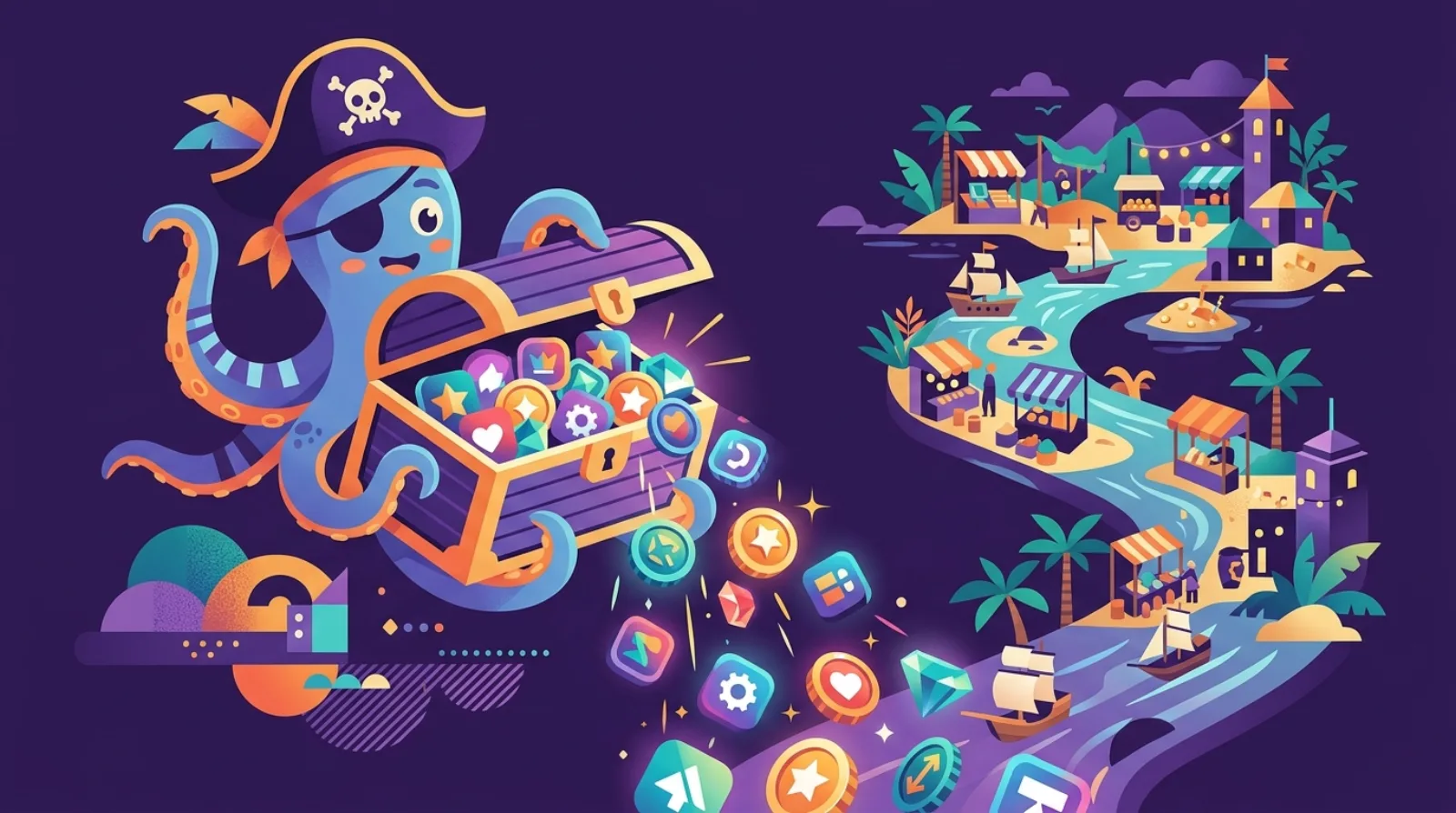 Flippy la pieuvre pirate de Flipagora tenant un coffre au trésor en forme de smartphone d'où débordent des icônes d'applications comme des pièces, fond violet foncé, illustrant l'achat d'applications mobiles