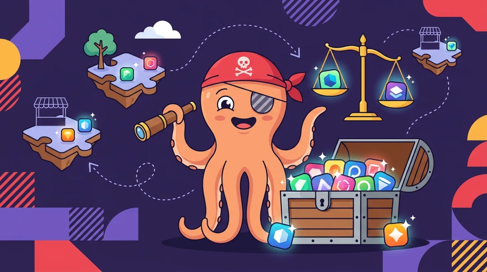 Illustration plate d'un coffre au trésor rempli de gemmes en forme d'icônes d'applications, en équilibre sur une balance, fond violet foncé, avec une pieuvre pirate amicale près d'une barre de navire.