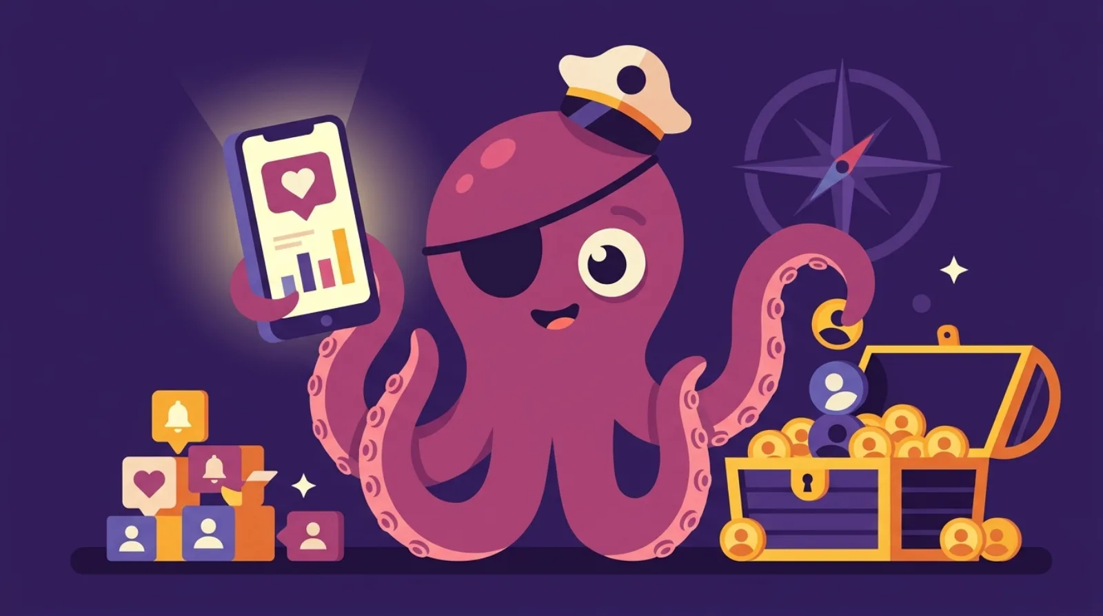 Flippy la pieuvre pirate tient un téléphone lumineux avec une icône coeur au-dessus d'un coffre au trésor rempli d'icônes d'abonnés, symbole de la due diligence sur un compte réseau social.