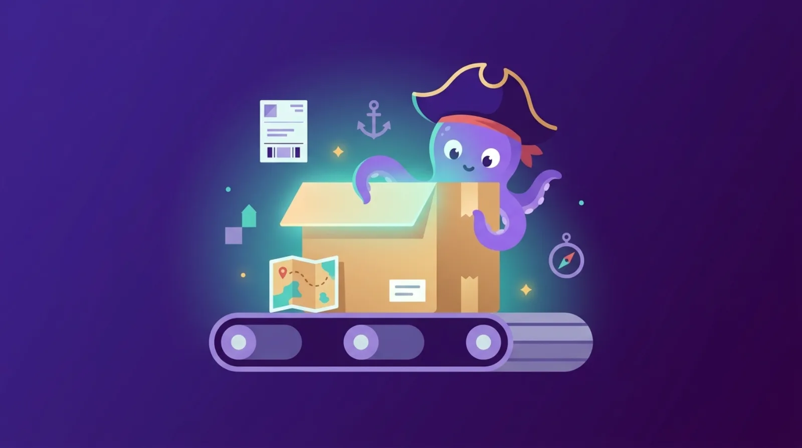 Illustration plate d'une box abonnement lumineuse sur un tapis roulant avec une carte au trésor, fond violet, pieuvre pirate qui inspecte la box.