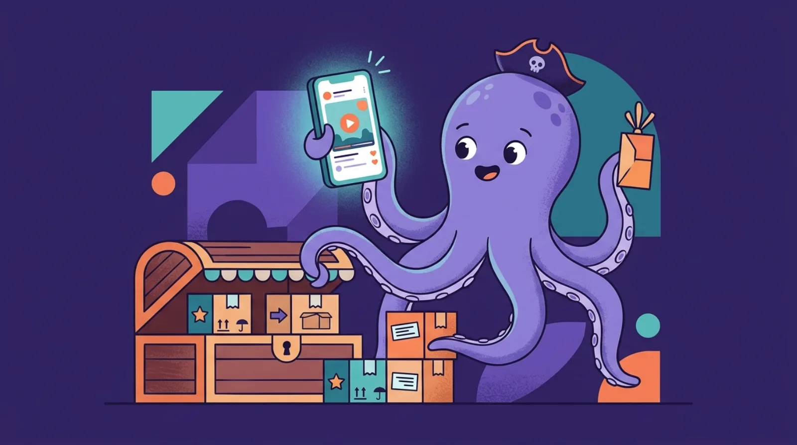 Illustration plate d'une mascotte pieuvre-pirate examinant un live TikTok lumineux et des cartons de produits, fond violet foncé