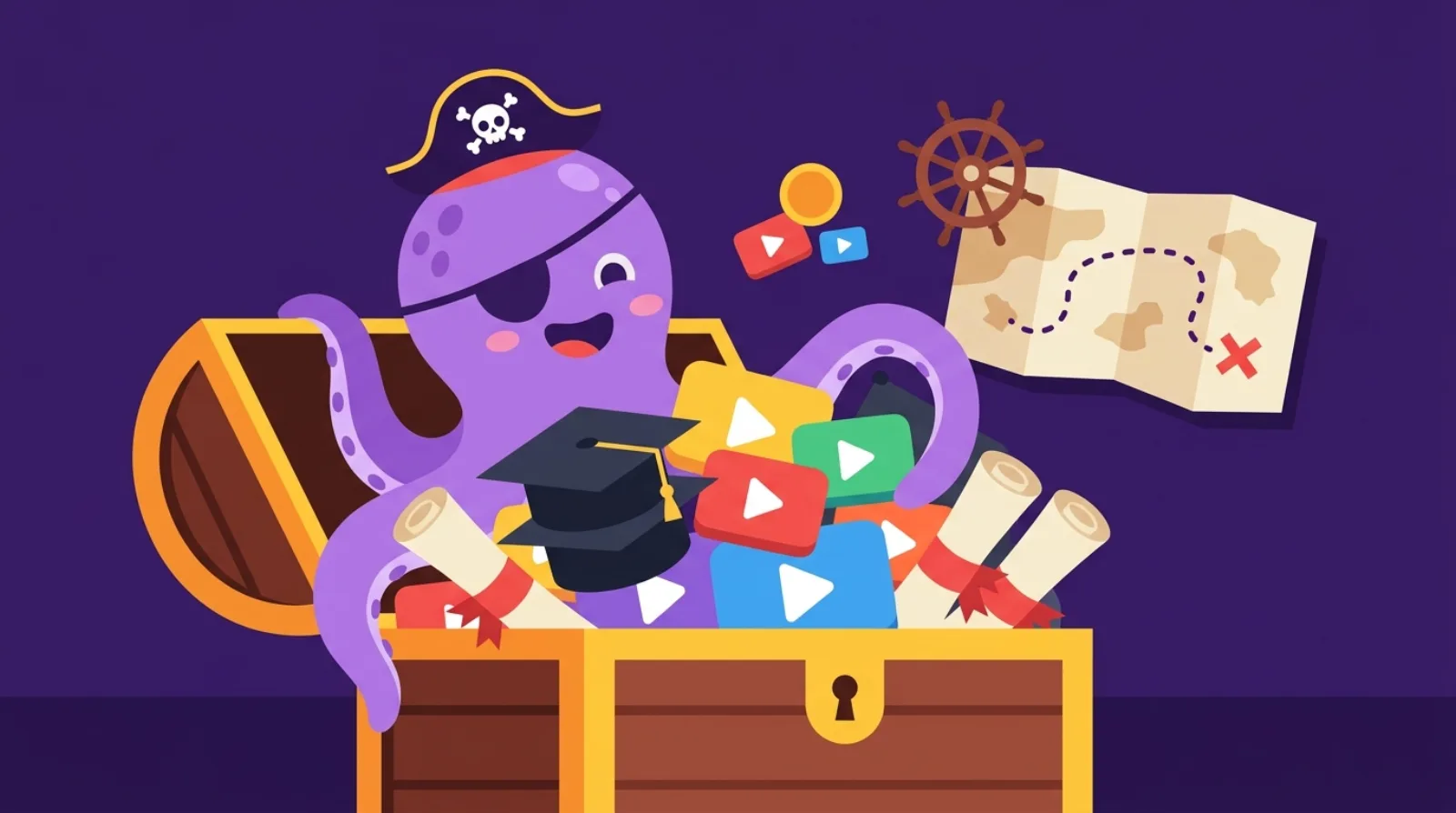 Flippy la pieuvre pirate ouvre un coffre au trésor rempli de chapeaux de diplôme, de boutons lecture vidéo et de parchemins, symbole de l'achat d'un business de formation en ligne.