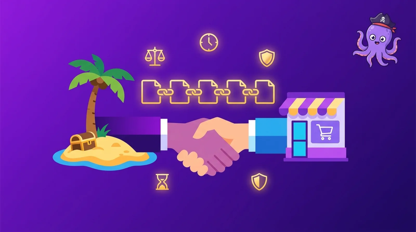Illustration éditoriale plate d'une poignée de main rencontrant une chaîne de documents lumineuse symbolisant la négociation d'un rachat de business en ligne