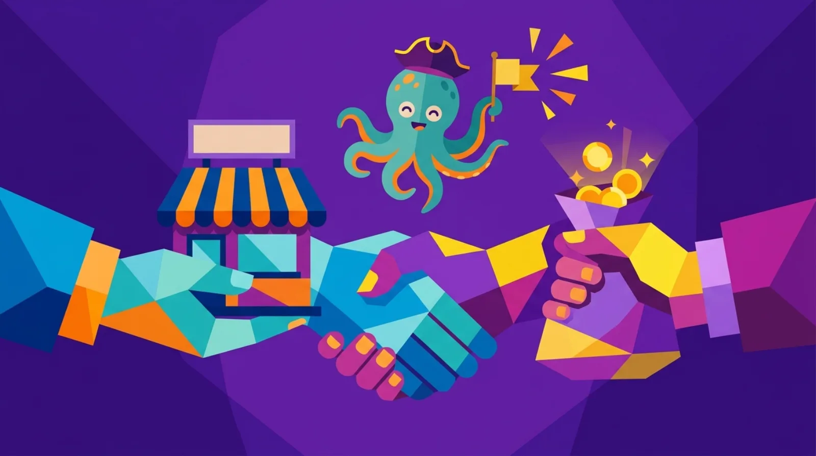 Illustration éditoriale plate de deux mains qui se serrent — l'une passant une petite boutique, l'autre un sac de pièces d'or — avec une mascotte pieuvre qui célèbre au-dessus, symbolisant la vente d'un business en ligne