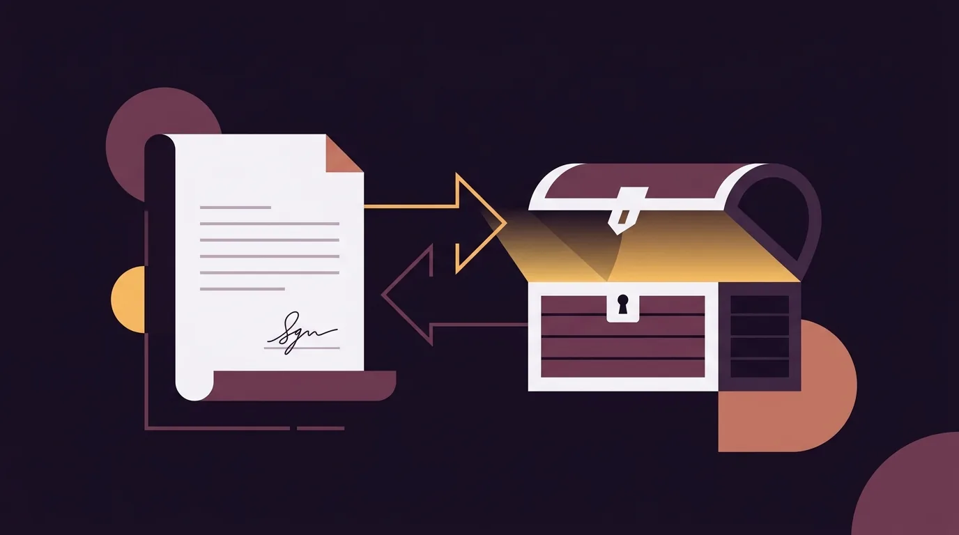 Illustration géométrique d'un contrat signé avec stylo et coffre au trésor sur fond violet foncé Flipagora