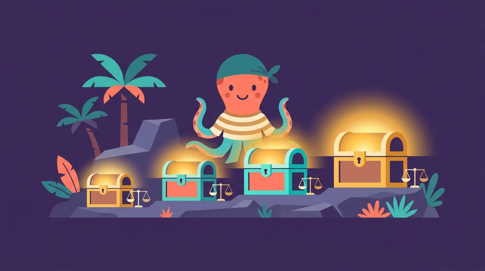 Flippy, la pieuvre pirate de Flipagora, examine quatre coffres au trésor lumineux de taille croissante, symbolisant les paliers de budget pour acheter un business en ligne, fond violet foncé