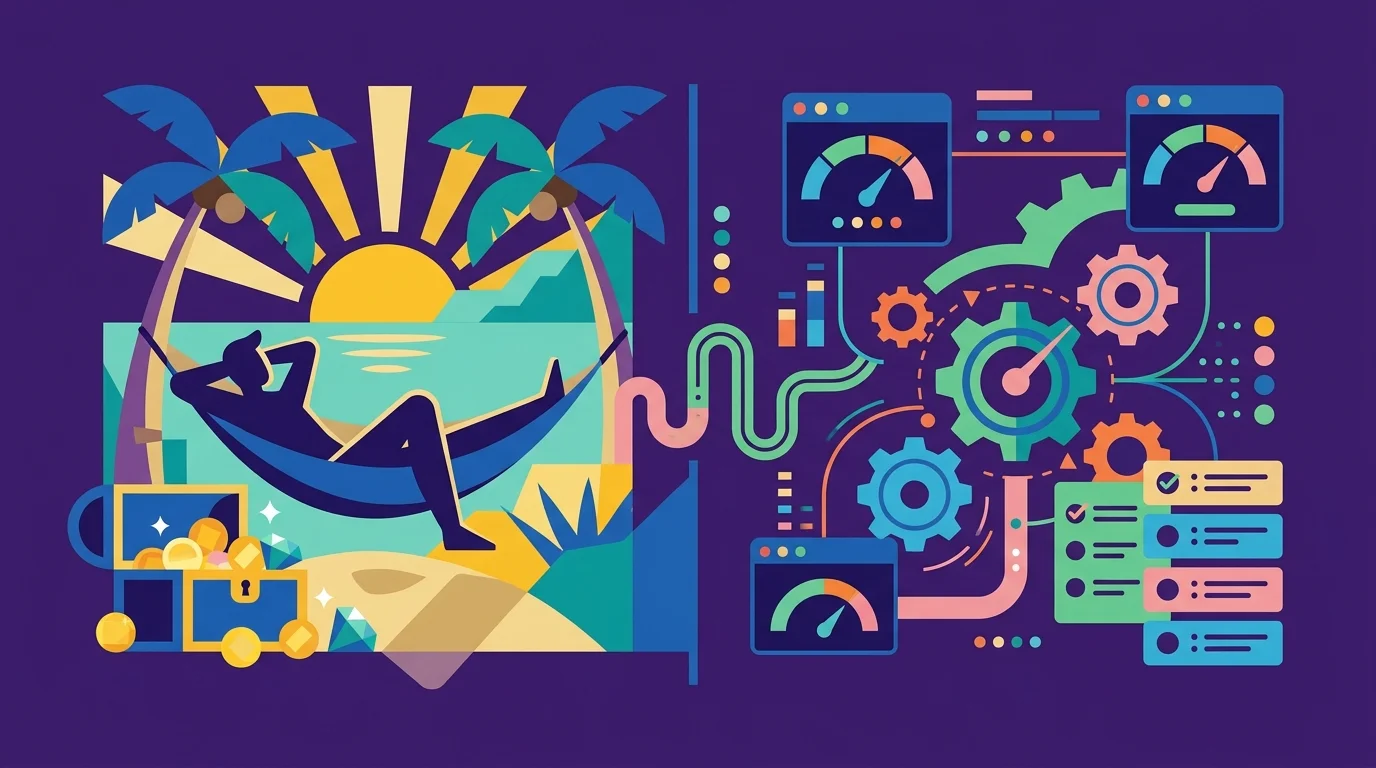 Illustration éditoriale plate sur fond violet foncé — Flippy la pieuvre examine une jauge de revenu passif, des engrenages d'automatisation et une horloge, représentant la réalité des business en ligne semi-passifs