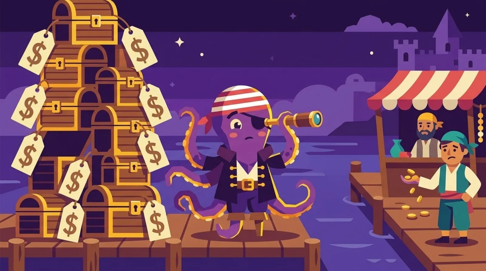 Pieuvre pirate mascotte avec une longue-vue sur un quai, entre une pile de coffres étiquetés de prix et un acheteur qui tend quelques pièces d'or, symbole de l'écart du pré-revenu