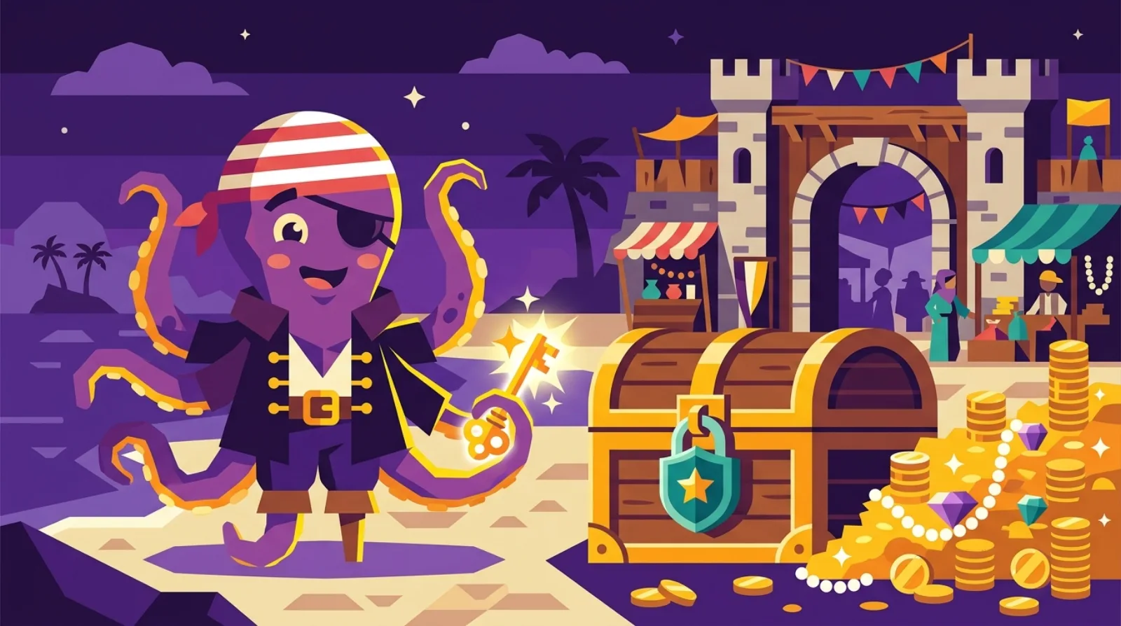 Pieuvre pirate mascotte tenant une clé lumineuse près d'un coffre au trésor cadenassé devant une porte de marketplace, symbole de la preuve de fonds