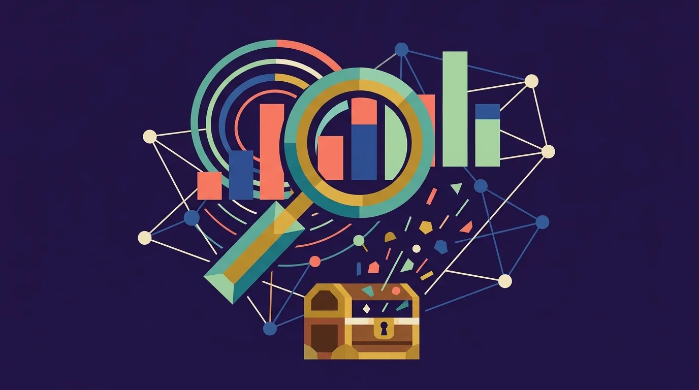 Illustration plate sur fond violet sombre avec loupe sur des graphiques en barres, coffre au trésor et nœuds de données connectés — visualisation des métriques de due diligence pour l'acquisition SaaS