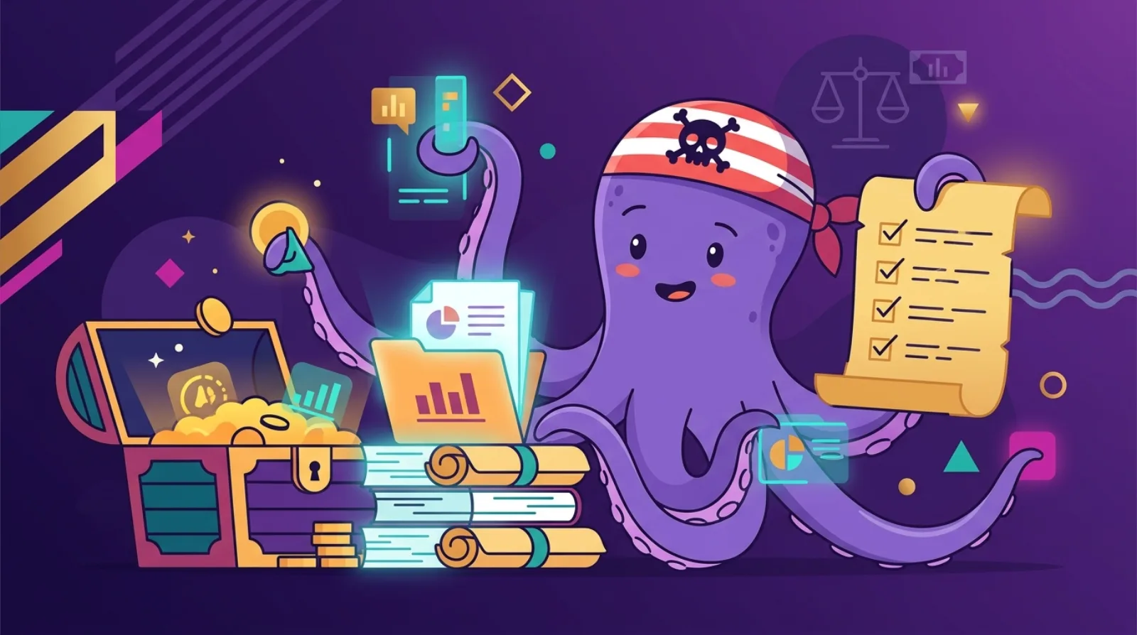 Flippy la pieuvre pirate organise dossiers financiers et checklist à côté d'un coffre au trésor, symbole de la préparation due diligence vendeur