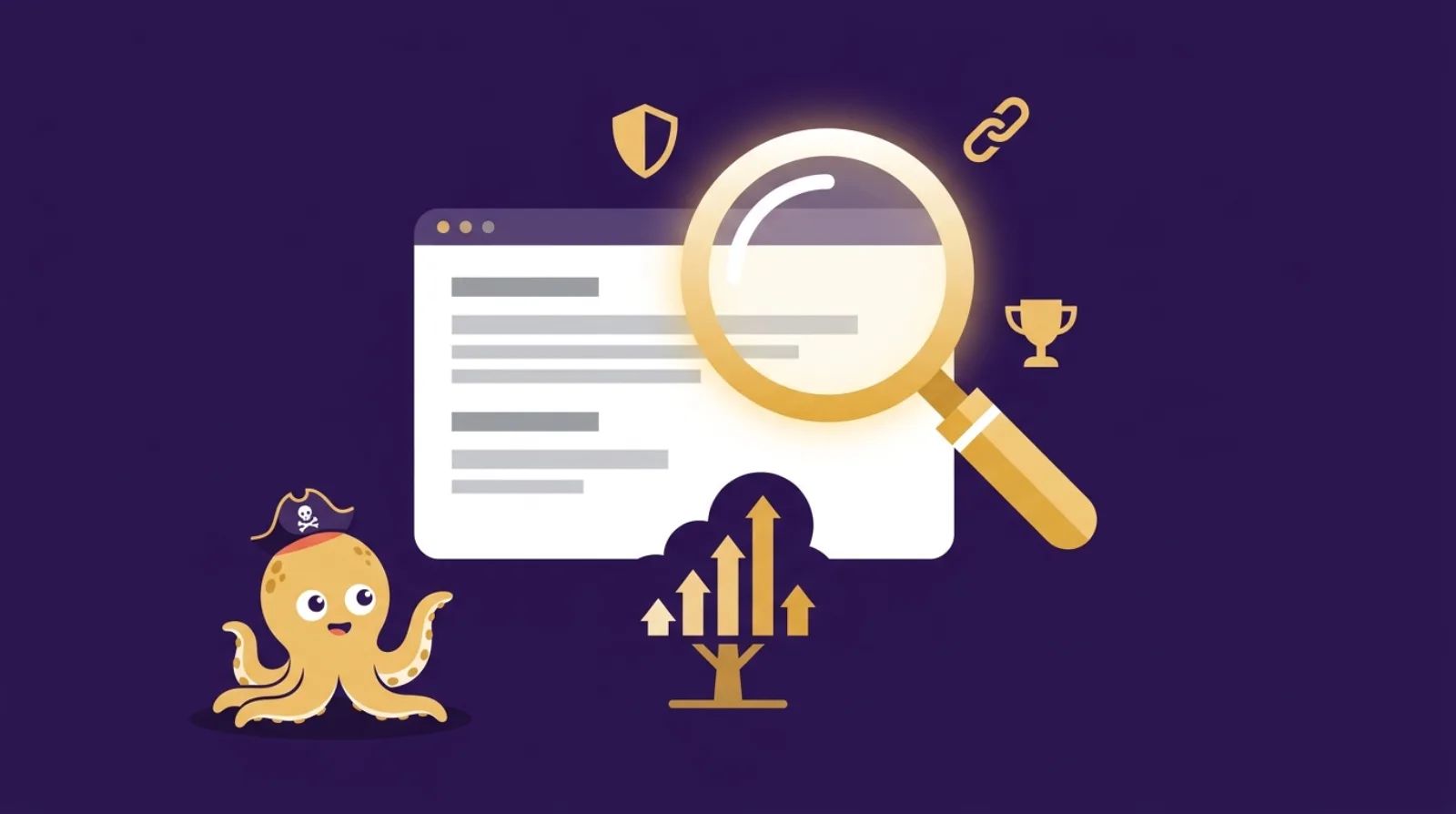 Illustration éditoriale d'un dashboard d'audit SEO avec graphiques de trafic organique, analyse du profil de liens et checklist de due diligence — contexte d'acquisition de site de contenu