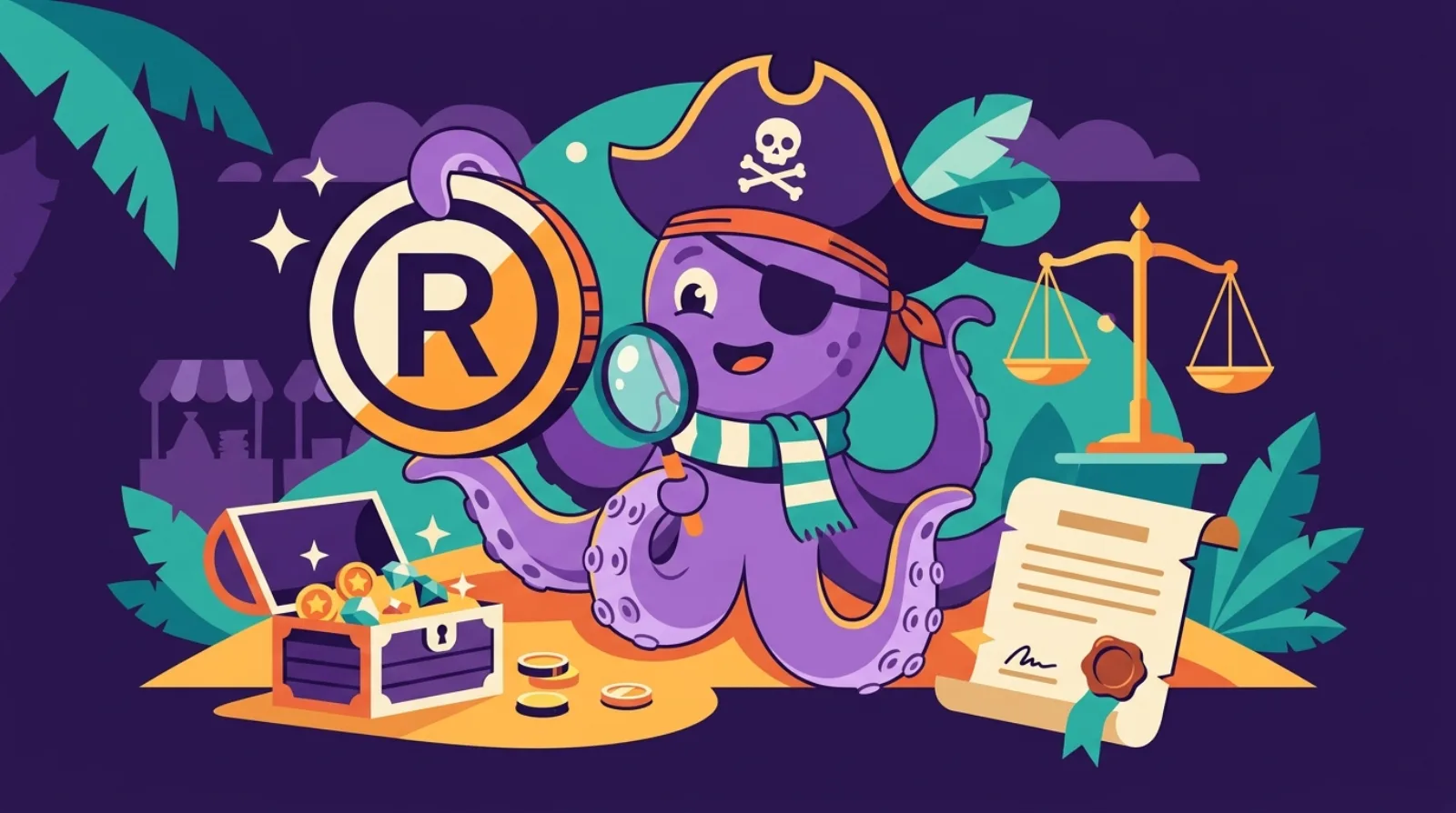 Pieuvre pirate examinant à la loupe un médaillon de marque déposée à côté d'un coffre au trésor et d'un parchemin, due diligence de marque