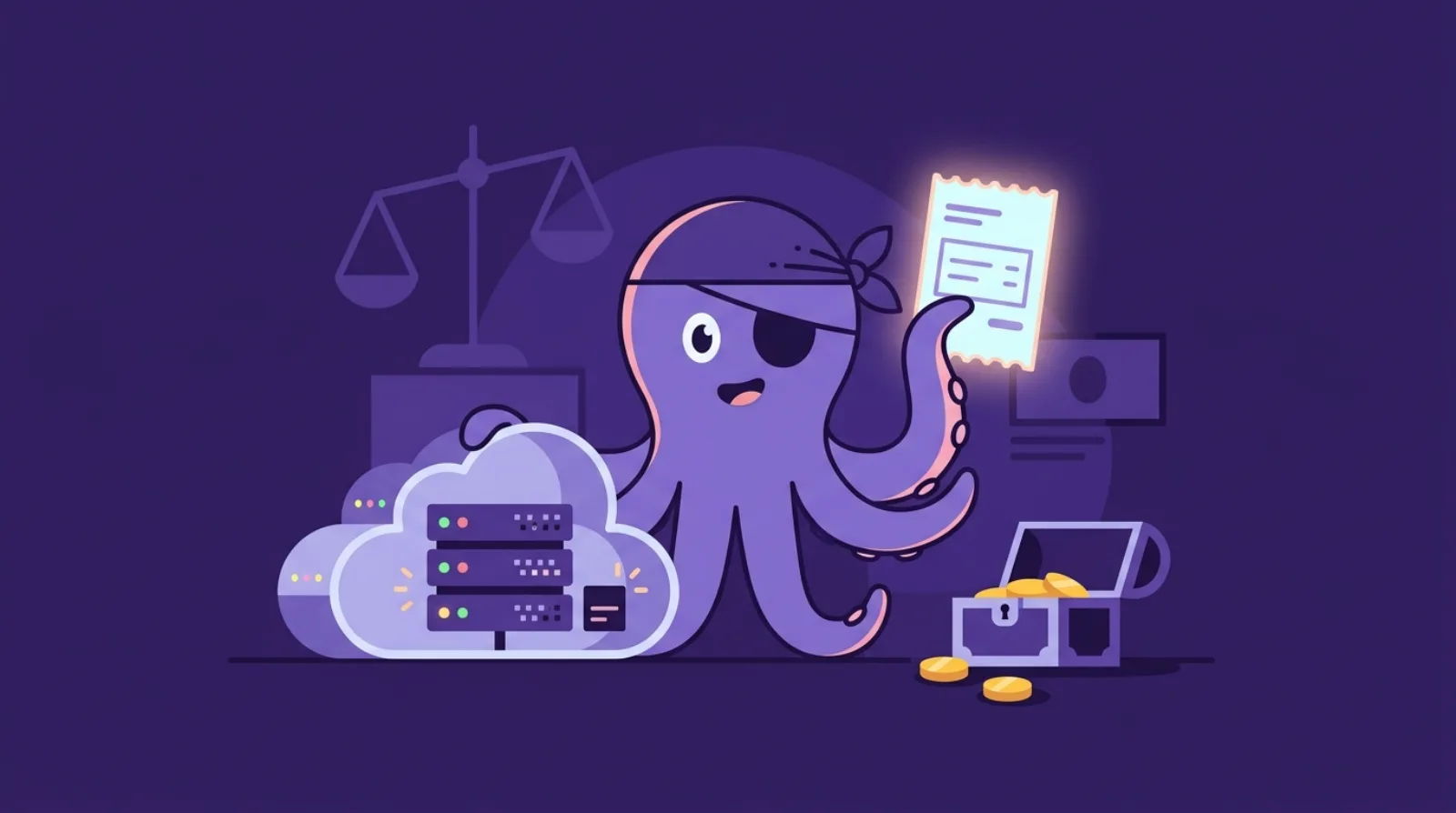 Illustration éditoriale d'une pieuvre examinant une facture d'hébergement près d'un rack de serveurs cloud stylisé, due diligence des coûts